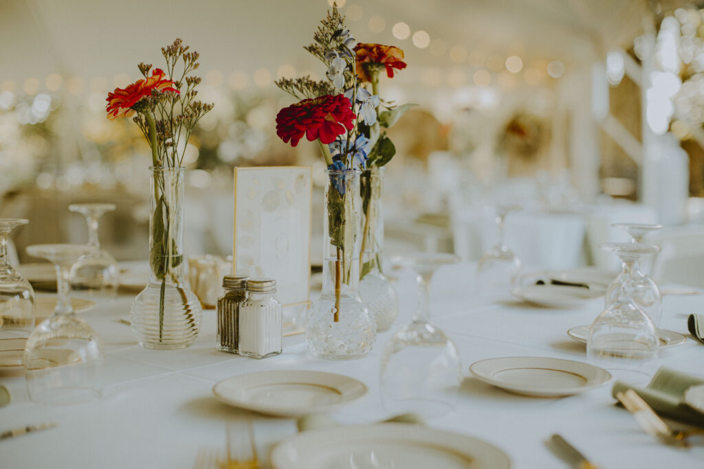 wildflowers on a wedding guest table