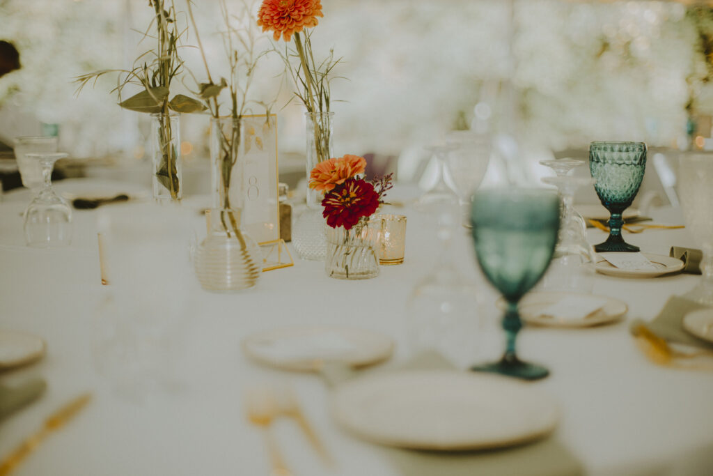 wildflowers on a wedding banquet table